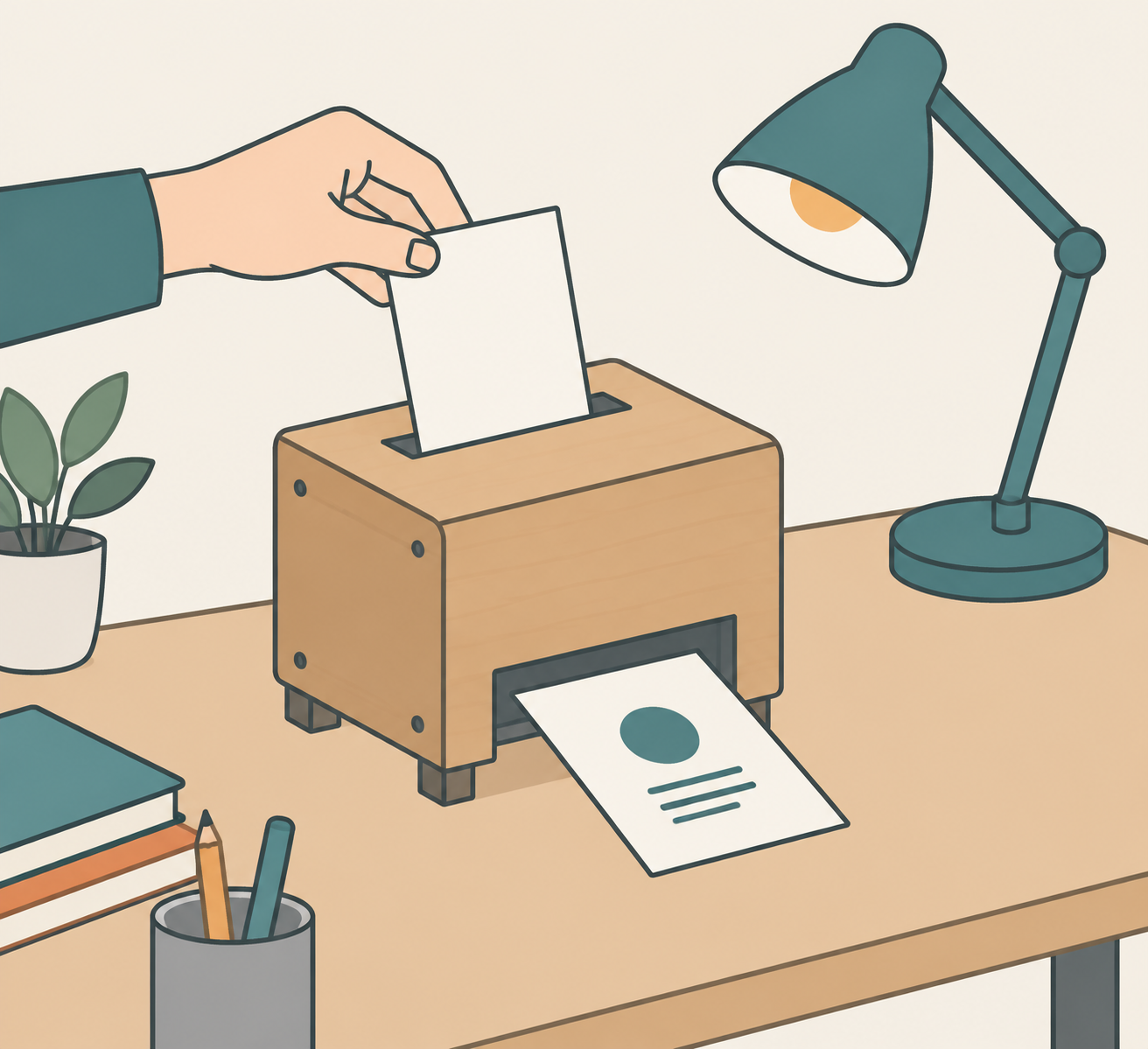 A desk machine: a question card goes in, an answer card slides out